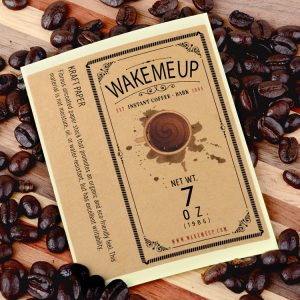 Custom coffee label sample of Wake Me Up label print on brown Kraft paper