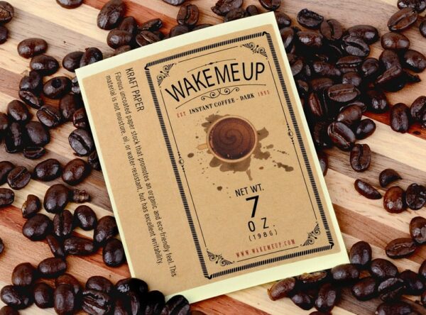 Custom coffee label sample of Wake Me Up label print on brown Kraft paper