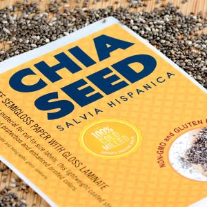 Custom paper label sample of Chia Seed printed artwork on white semigloss paper with gloss laminate stock