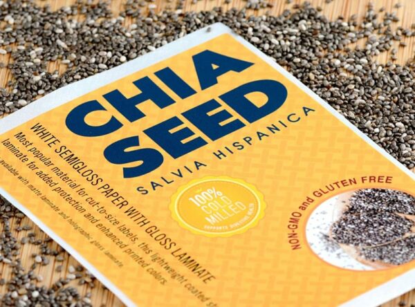 Custom paper label sample of Chia Seed printed artwork on white semigloss paper with gloss laminate stock
