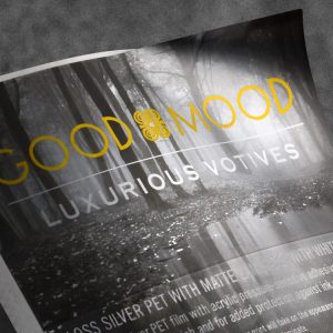 Custom silver PET foil label sample with Good Mood luxurious votives printed artwork for candle product
