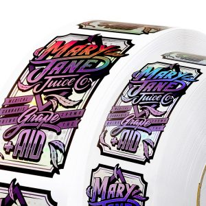 Mary Jane Juice Co. custom holographic Silver PET film cannabis labels on a roll with Grape Aid artwork label design