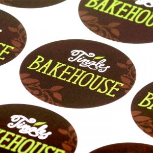 Custom confectionery labels of Tingles Bakehouse using White Matte Uncoated stock