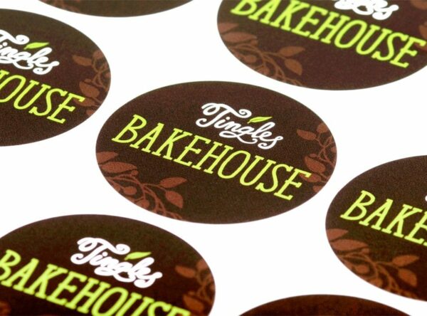 Custom confectionery labels of Tingles Bakehouse using White Matte Uncoated stock
