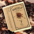 Custom brown Kraft label sample with Wake Me Up printed coffee artwork