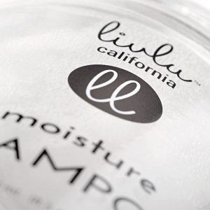 Custom shampoo labels of Livlu California using clear stock with Gloss laminate