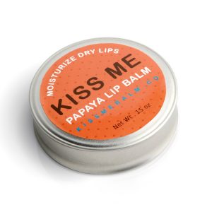 Kiss Me Papaya lip balm orange print custom lip balm labels applied on silver round tin