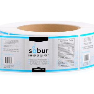custom nutraceutical labels with gloss laminate printed for Sobur brand