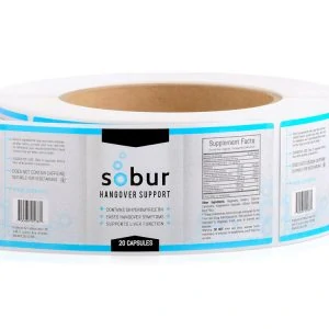 custom nutraceutical labels with gloss laminate printed for Sobur brand