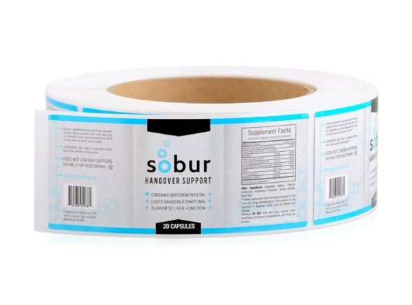 custom nutraceutical labels with gloss laminate printed for Sobur brand