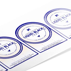 Liquid Black brand custom soap labels printed on white coated paper with gloss laminate