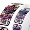 Custom holographic labels of Mary Jane Juice Grape Aid with Spot Matte aqueous coating on roll label format