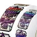 Custom holographic labels of Mary Jane Juice Grape Aid with Spot Matte aqueous coating on roll label format