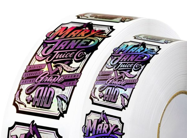 custom holographic-labels-Spot-Matte-Aqueous-Coating Custom holographic labels of Mary Jane Juice Grape Aid with Spot Matte aqueous coating on roll label format