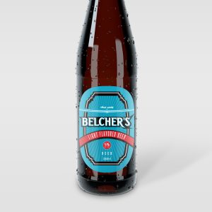 Custom waterproof label sample showing blue Belcher's Beer print artwork on plastic film stock