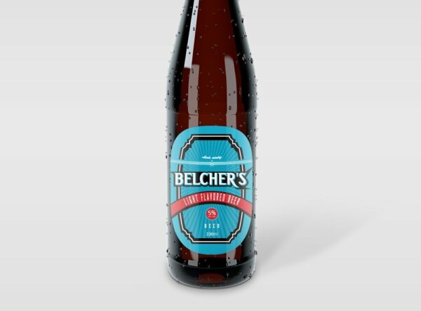 Custom waterproof label sample showing blue Belcher's Beer print artwork on plastic film stock