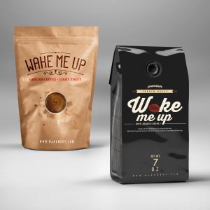 Custom coffee bag mockups in brown kraft and foil barrier bags