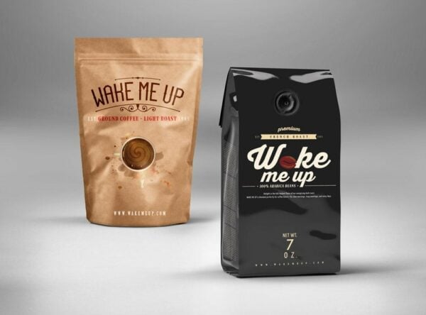Custom coffee bag mockups in brown kraft and foil barrier bags