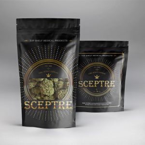 Tall and short Sceptre brand custom cannabis bags and cannabis pouch mockup with weed buds inside