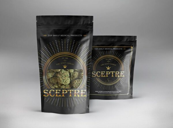 Tall and short Sceptre brand custom cannabis bags and cannabis pouch mockup with weed buds inside