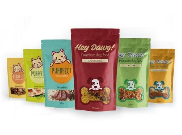 Custom pet treat bags in a rainbow of colors packaging cat kibble and dog treats