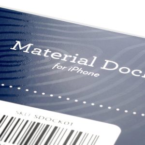 Custom paper labels of Material Dock for iPhone finished with Matte Spot UV and Gloss Spot varnish