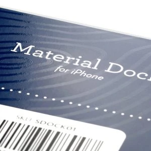 Custom paper labels of Material Dock for iPhone finished with Matte Spot UV and Gloss Spot varnish