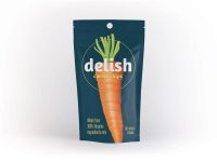 Custom stand up food pouch with hang hole with Delish carrot snack print