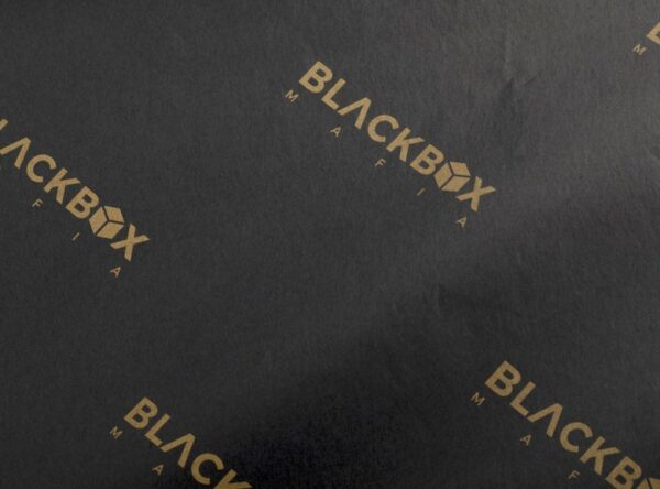 17gsm black custom printed tissue paper with Blackbox Mafia logo print in gold ink 17gsm black custom printed tissue paper with Blackbox Mafia logo print in gold ink