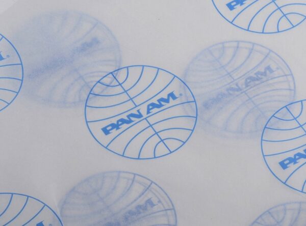 17gsm white tissue paper printed with Pan Am blue logo pattern 17gsm custom white tissue paper printed with Pan Am logo pattern in blue ink