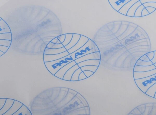 17gsm white tissue paper printed with Pan Am blue logo pattern 17gsm custom white tissue paper printed with Pan Am logo pattern in blue ink