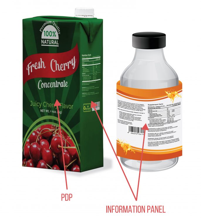 Image of Orange juice mockup and Cherry concentrate mockup to show where to place contact information