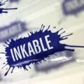 Custom printed packing tape sample using clear tape and Inkable logo blue print