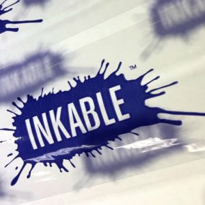 Custom printed packing tape sample using clear tape and Inkable logo blue print