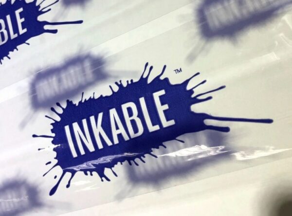 Custom printed packing tape sample using clear tape and Inkable logo blue print