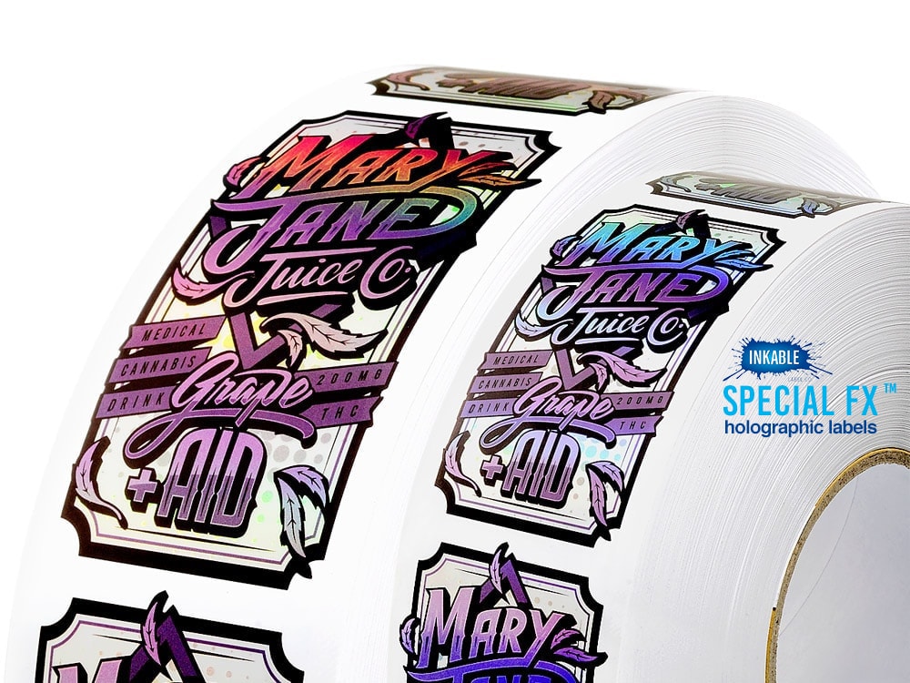 Sample custom holographic label on a roll - Mary Jane Juice Co. labels