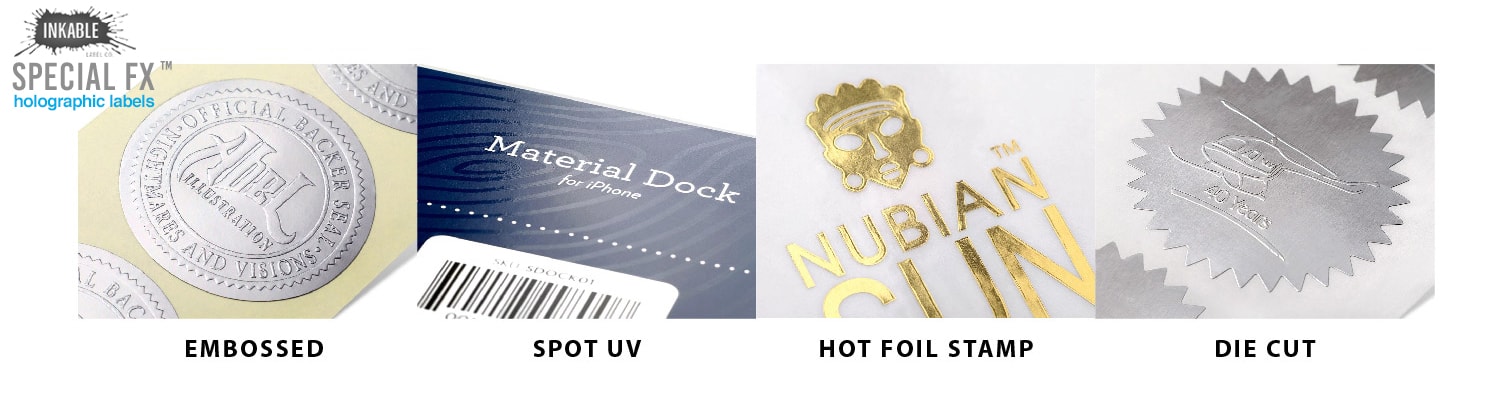 Sample swatches of Special FX label finishing