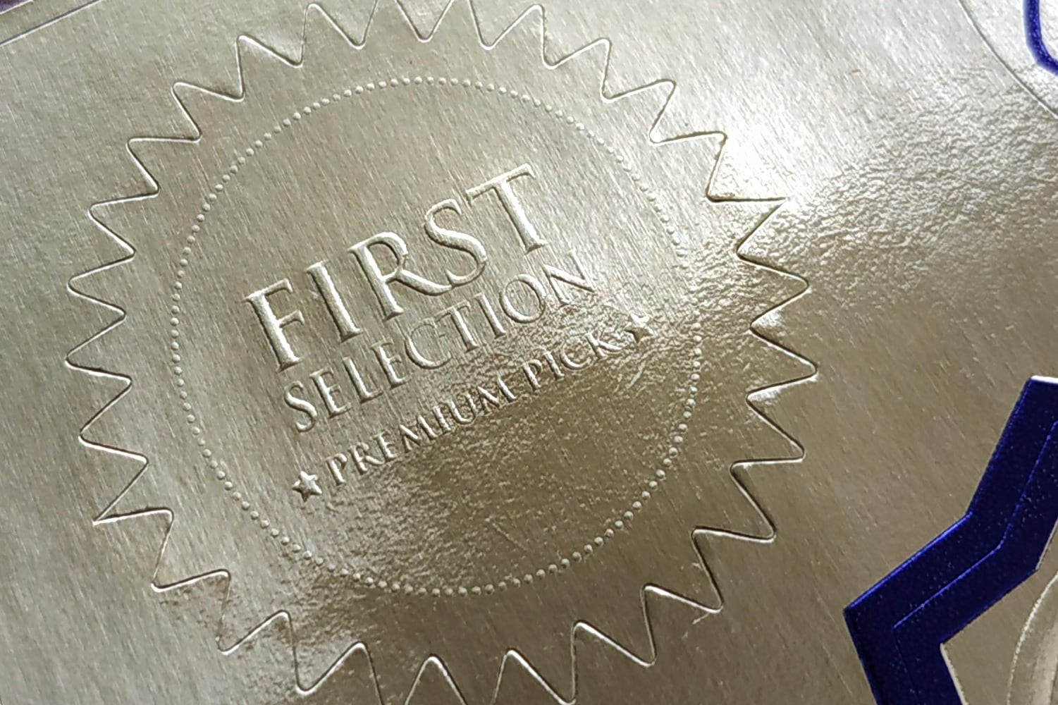 Custom Embossed Gold Foil Label - Inkable Label Co. First Selection Sample Label